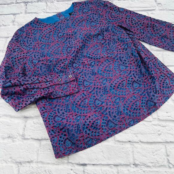 BANANA‎ REPUBLIC Embroidered Lace Long Sleeve Blouse Medium Blue/Red Round Neck - Picture 1 of 9